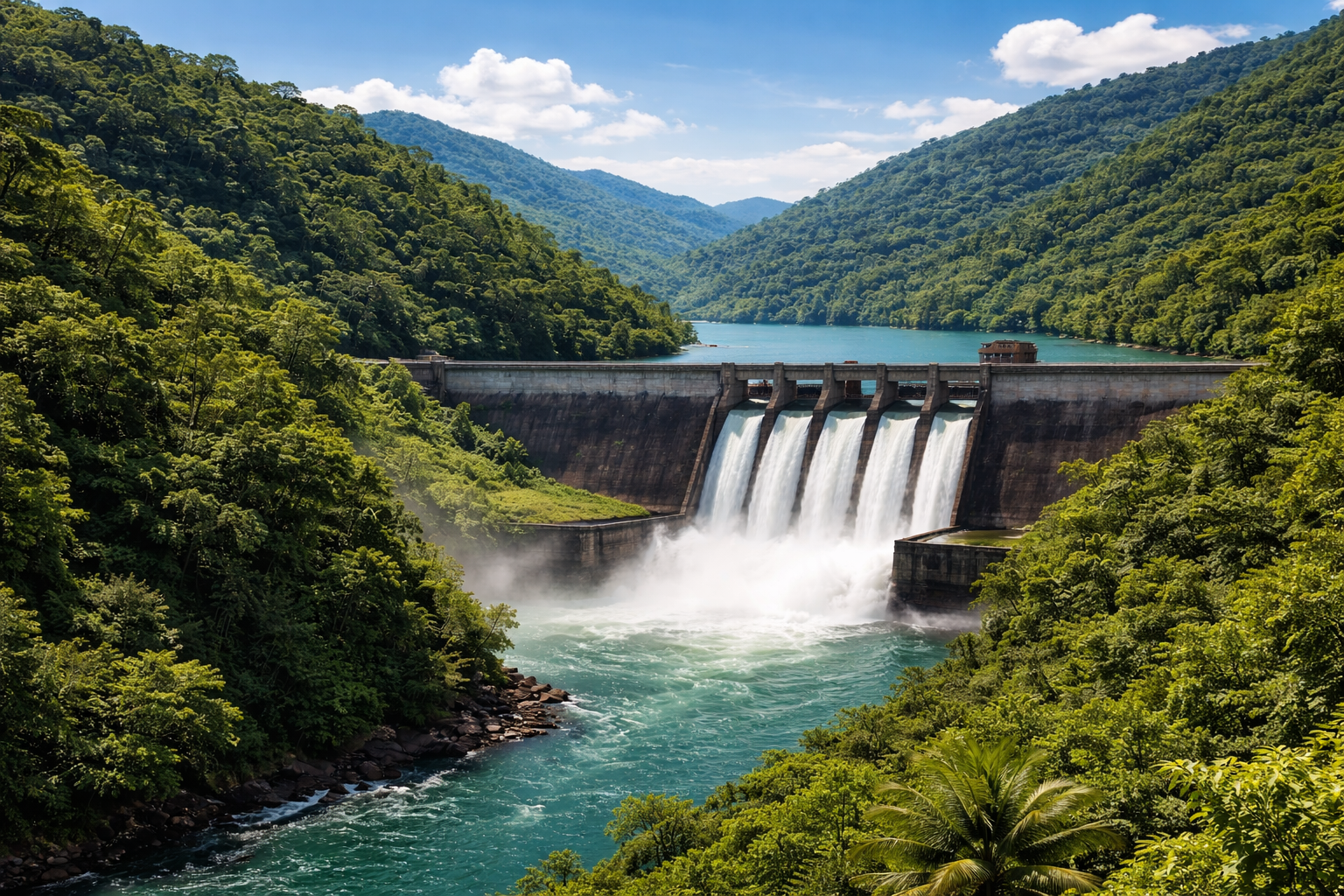 Hydropower dam in green mountain valley